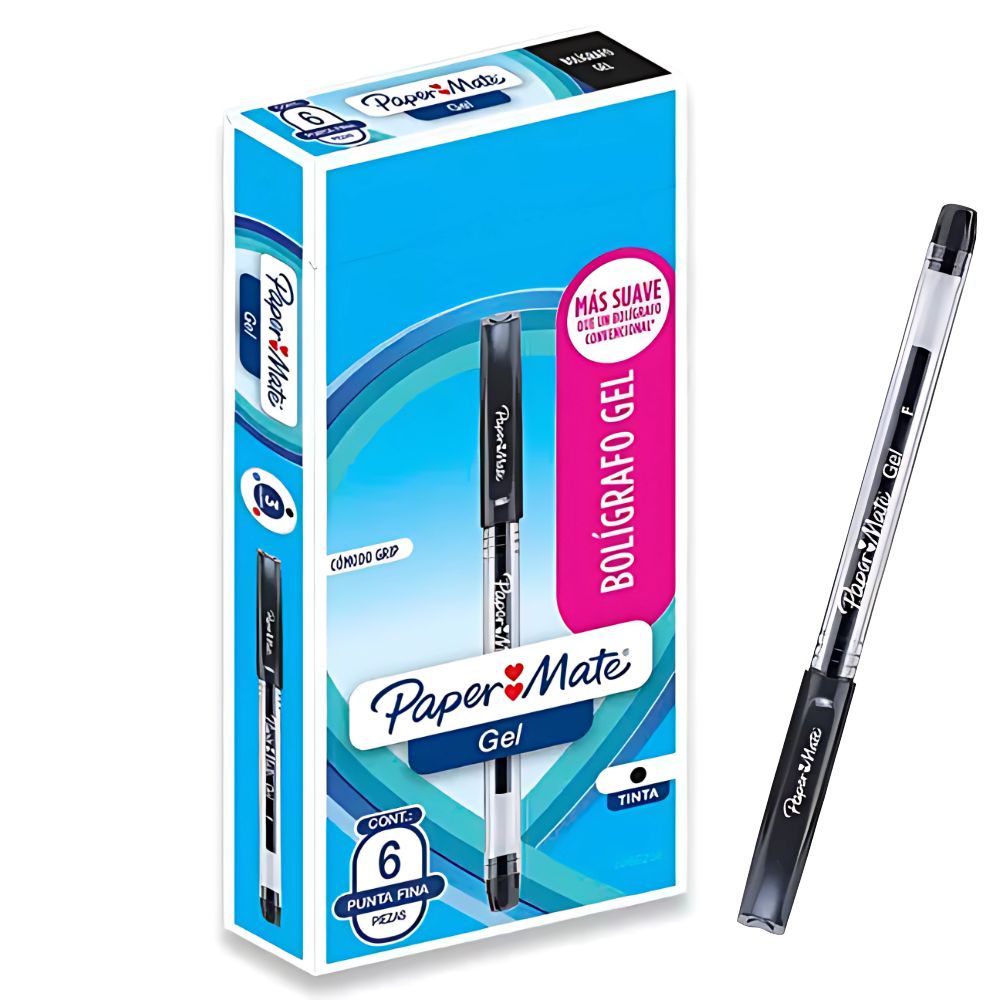 Boligrafo económico gel Paper Mate negropunto fino caja con 6 piezas COLMENERO
