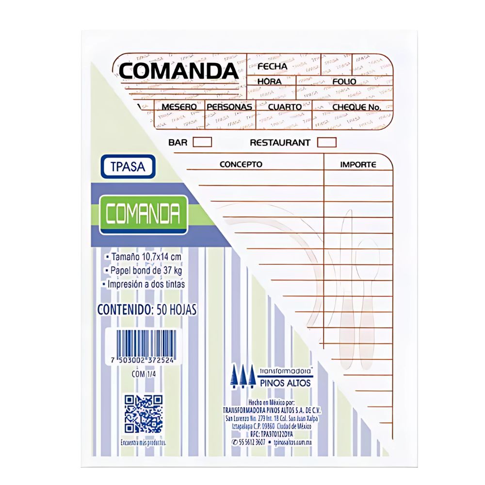 Comanda Pinos Altos 1/4 Carta | Blíster 3 Blocks (150 hojas) | Restaurantes