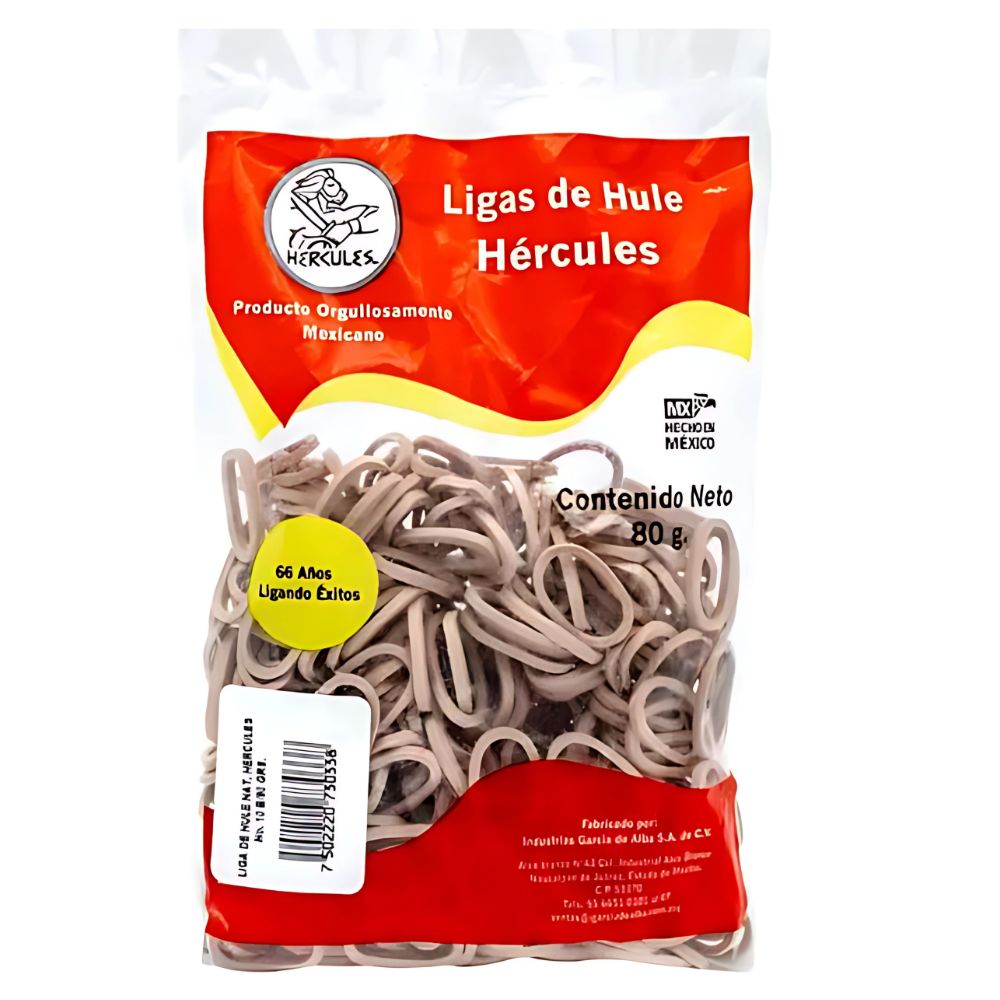 Ligas Hércules No. 10 | Hule Natural | Bolsa 80g | Color Beige