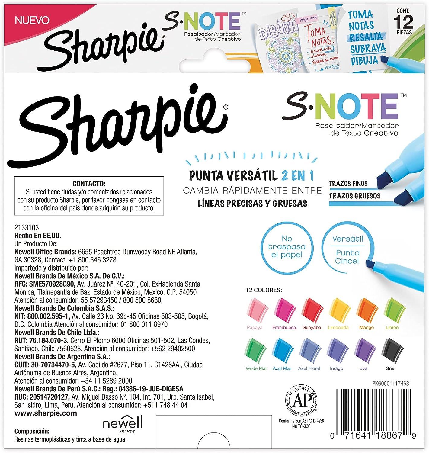 Sharpie S-Note Marcadores, Resaltadores, Colores, Punta Biselada, 12 PZ 2133103 - Colmenero Shop