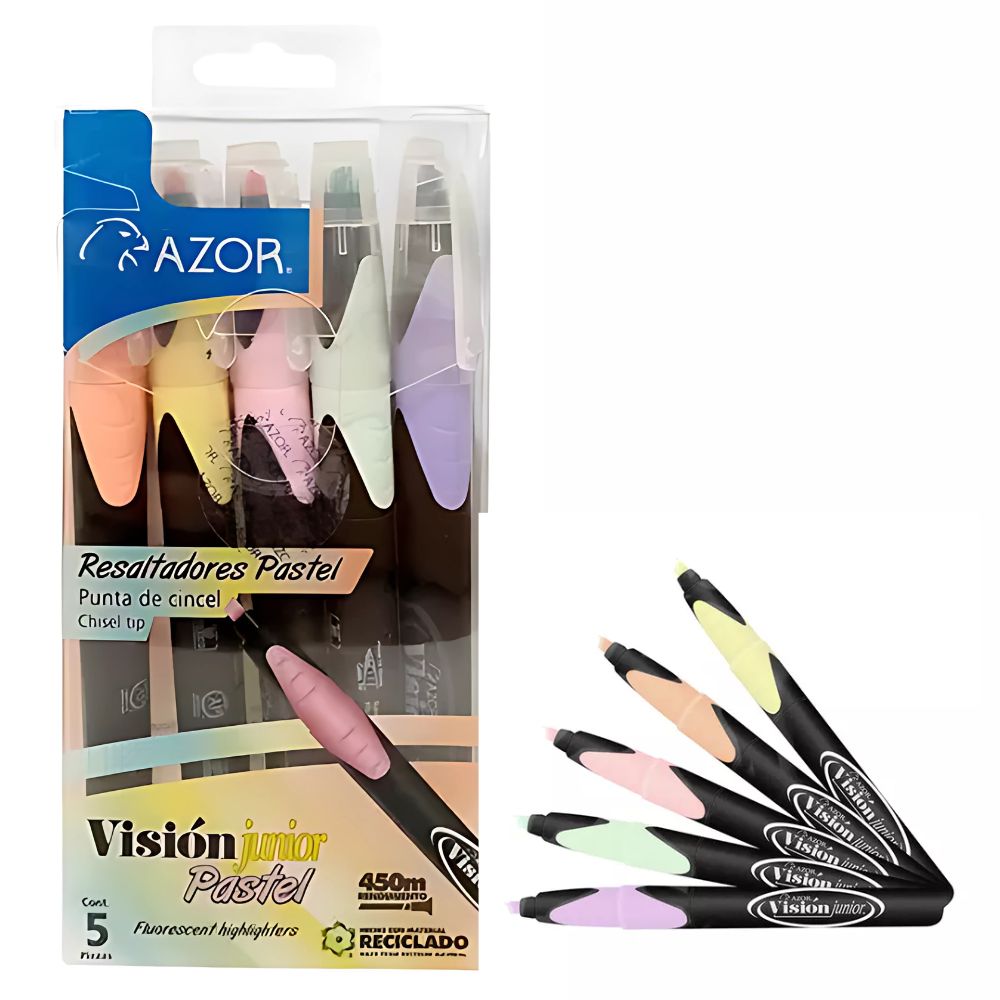 Resaltadores Vision Jr. Azor 5 Colores | Punta Cincel 4mm Neón y Pastel