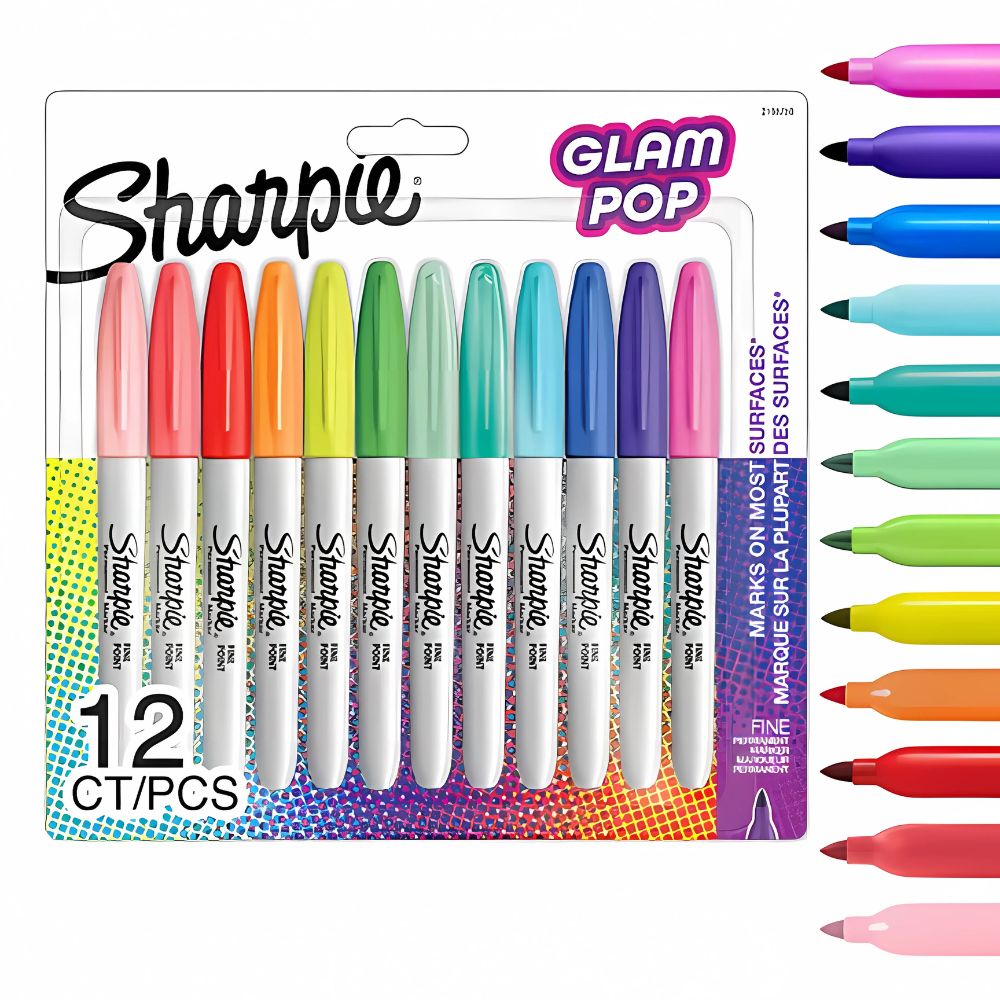 Marcadores Permanentes Sharpie Glam Pop – Blíster 12 Colores Surtidos – Punta Fina