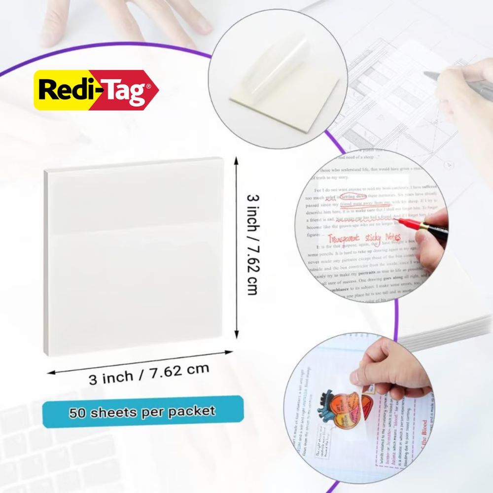 NOTAS ADHESIVAS REDI-TAG 3" X 3" TRANSPARENTES PAQUETE CON 50 NOTAS