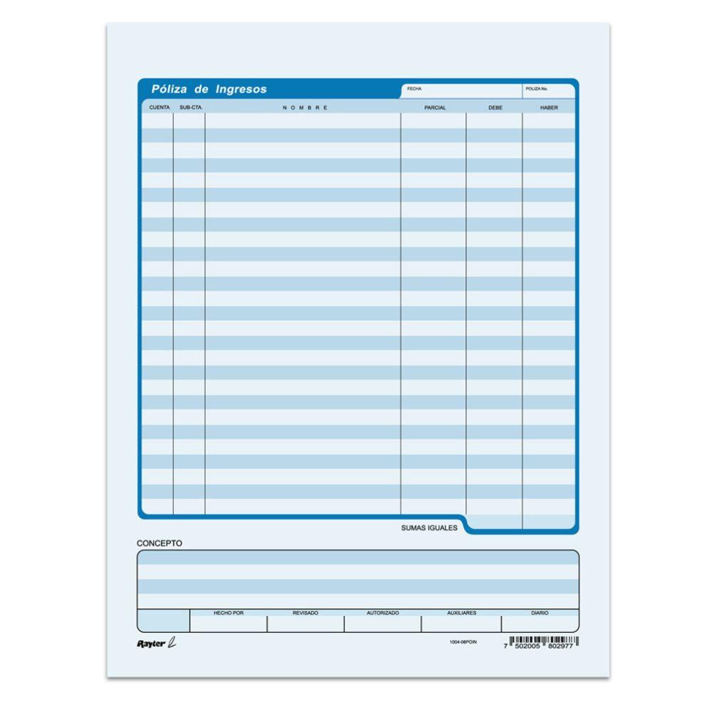 Póliza De Ingresos Rayter, Tamaño Carta, Color Azul, Block 50 Hojas - Colmenero Shop