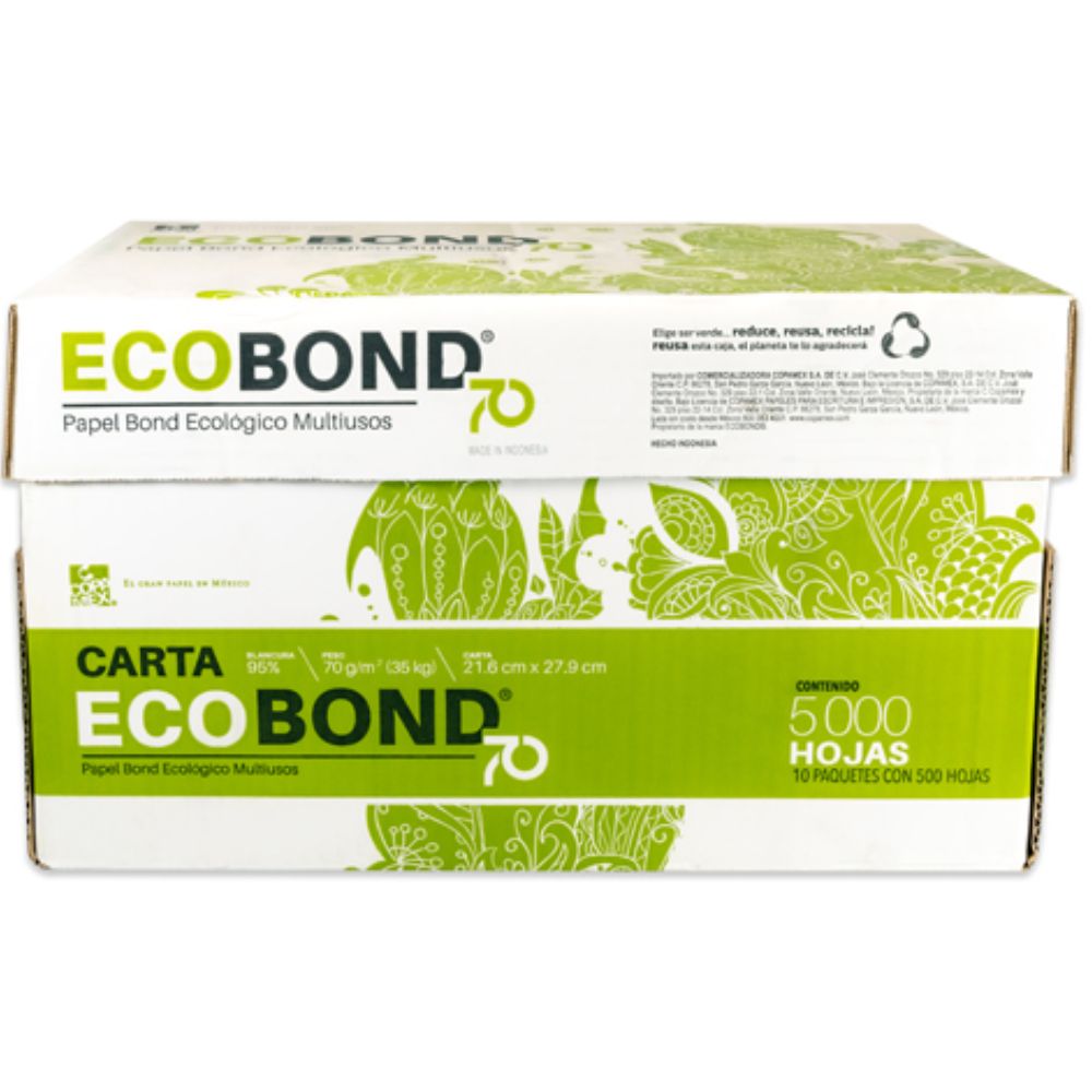 Papel Ecológico Ecobond Carta 70g 95 % Blanco | Caja con 5000 Hojas