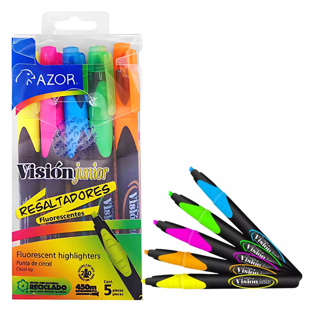 Resaltadores Vision Jr. Azor 5 Colores | Punta Cincel 4mm Neón y Pastel