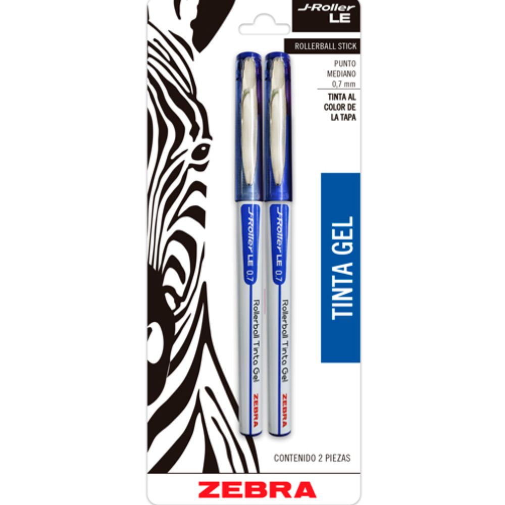 Bolígrafo Gel J Roller Le Zebra, Punto Mediano 0,7 Mm, Blíster 2 Piezas