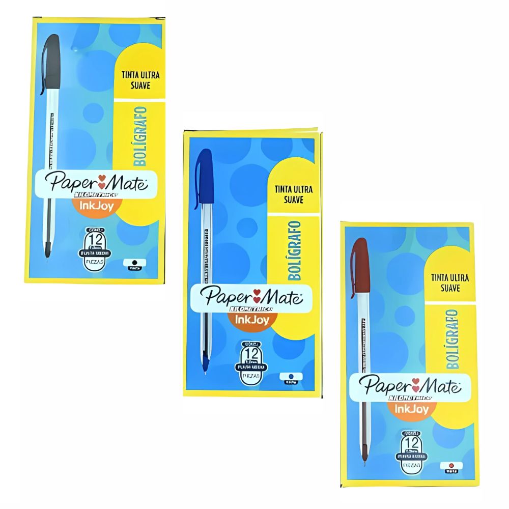 Caja 12 Bolígrafos Berol Kilométrico 1.0 mm | Tinta Inkjoy, Negro, Rojo, Azul