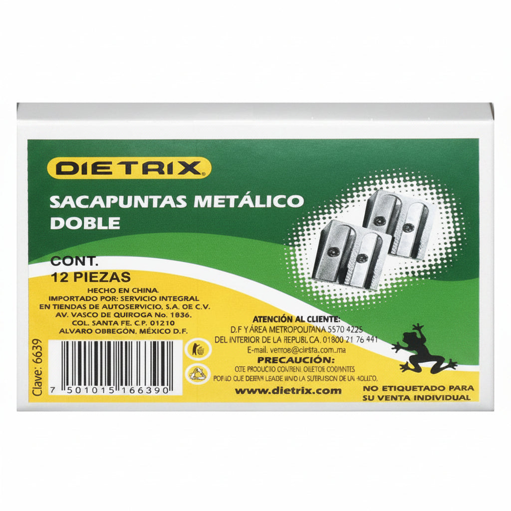 Caja de sacapuntas manuales metálicos marca Dietrix de doble orificio y forma rectangular para lápices estándar y gruesos.