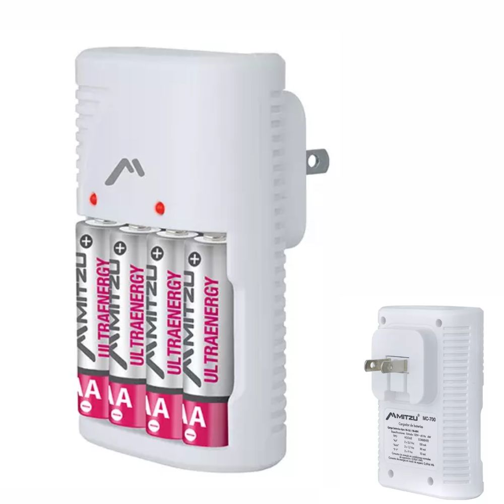 Cargador Mitzu MC-700 para Pilas AA, AAA y 9V | Incluye 4 Pilas