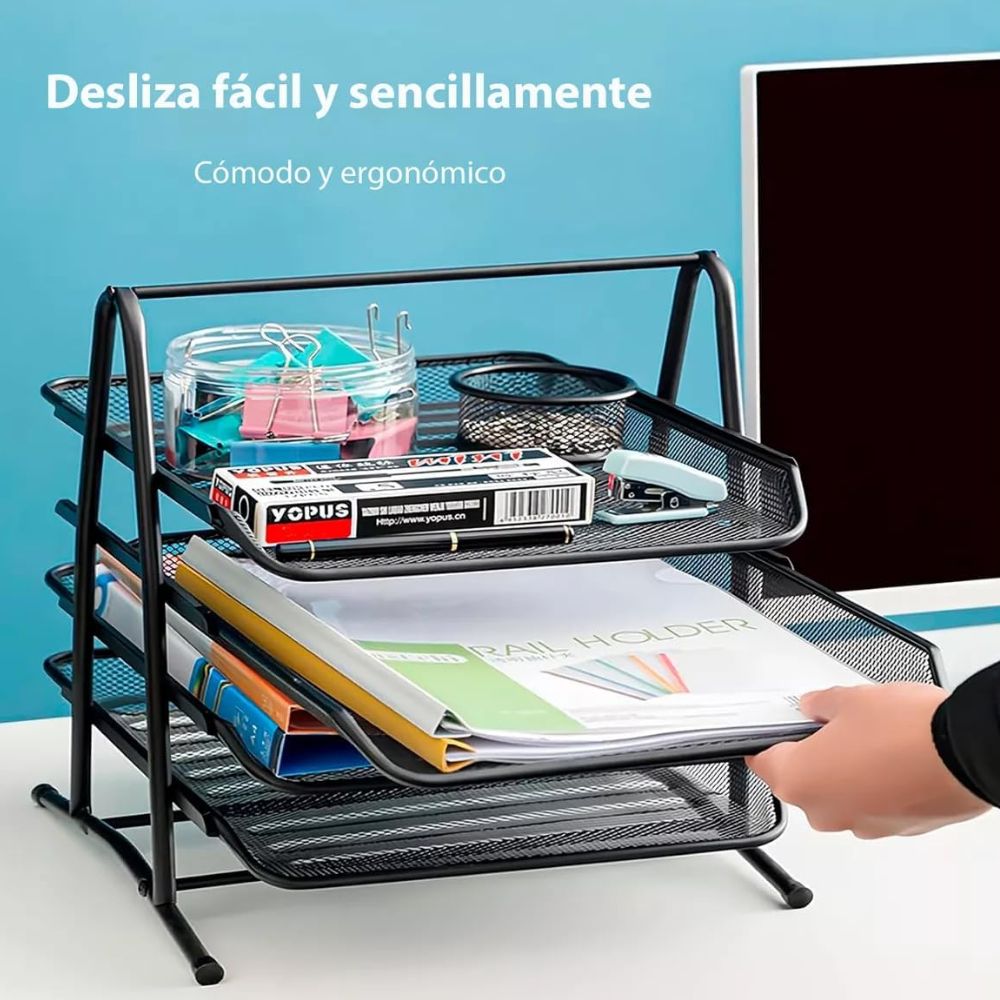 Organizador clasificador de escritorio marca Vmingo con 4 charolas deslizables de malla metálica negra, marco de acero inoxidable y base con gomas protectoras para documentos tamaño oficio.