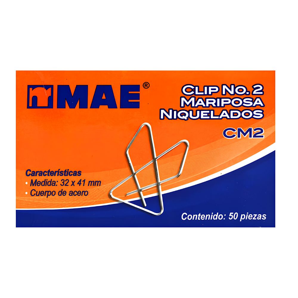 Clip Mariposa No. 2 MAE CM2 | 100 Hojas Caja con 50 Piezas