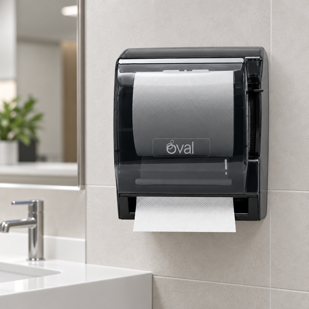 Despachador Oval DV013 instalado junto a un lavabo con toalla de papel disponible