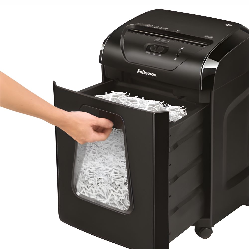 Trituradora Fellowes Powershred 12C negra con ruedas para oficina.