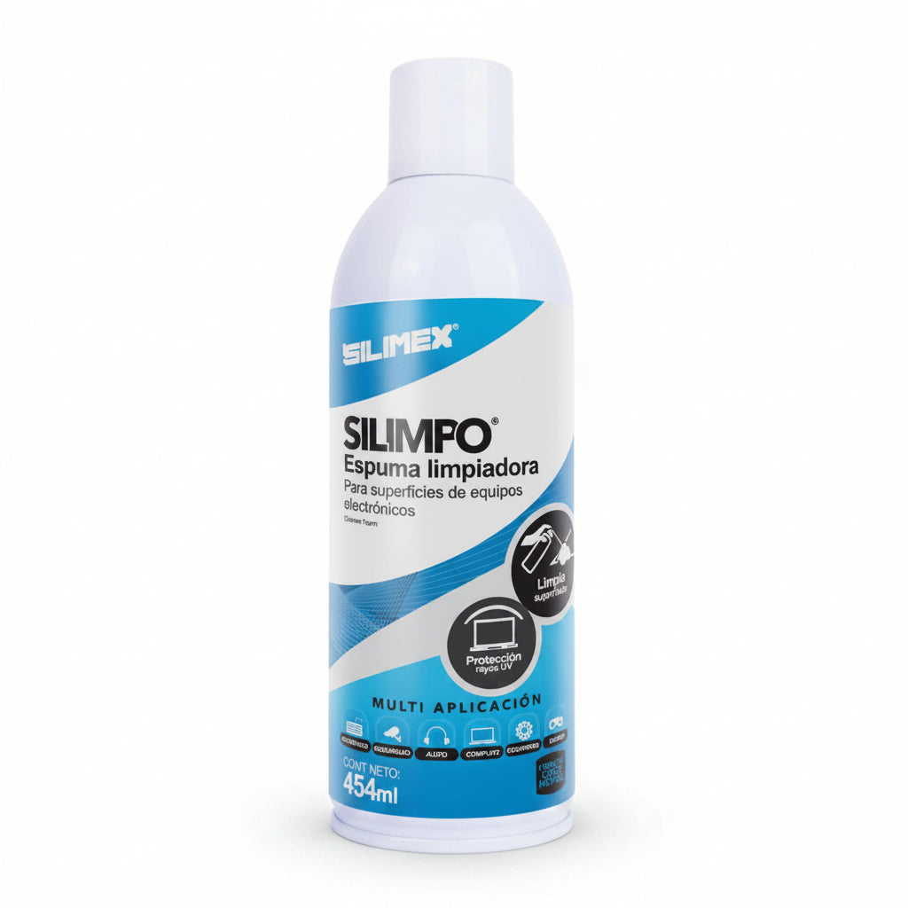 Envío en aerosol de la espuma limpiadora biodegradable Silimex Silimpo de 454 ml para mantenimiento externo de equipo de cómputo y oficina.