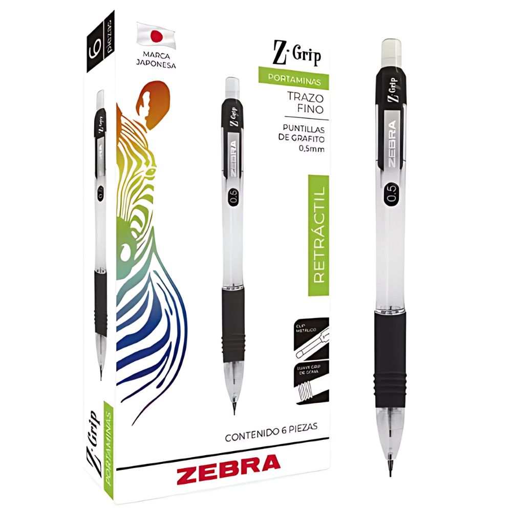 Lapicero Zebra Z-GRIP 0.5mm | Portaminas Retráctil 6- pzs