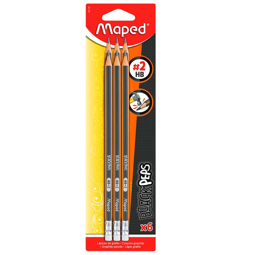 Lápiz Maped Black Peps HB No. 2 (6 pzs) | Cuerpo Triangular Ergonómico