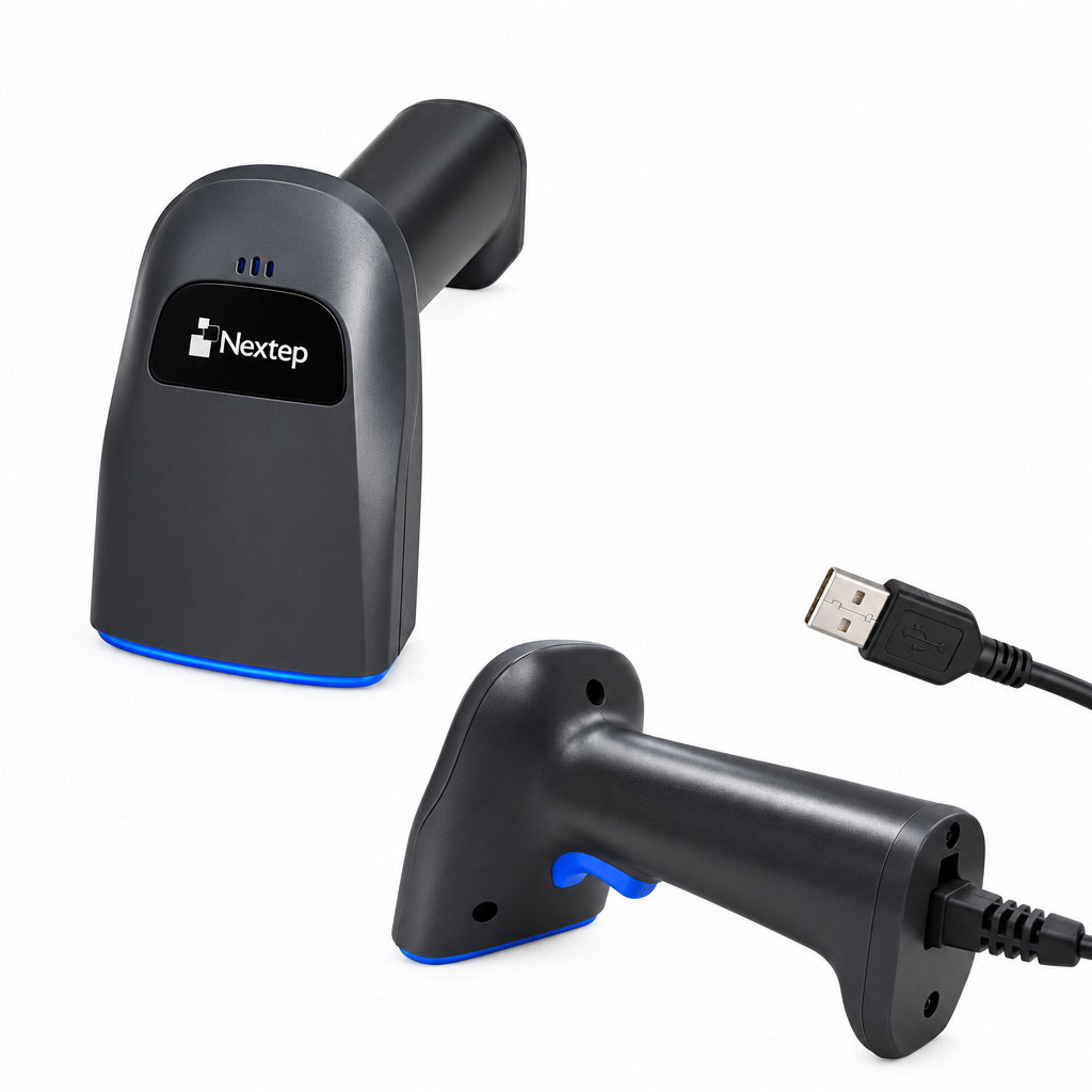 Lector de código de barras y QR Nextep NE-503 en base ajustable para punto de venta en Papelera Colmenero