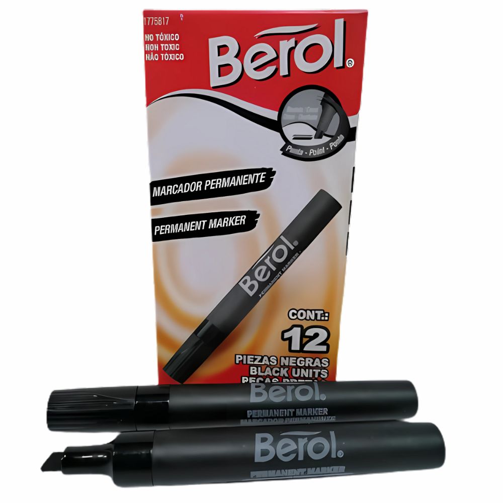 Marcador Permanente Berol Negro | Caja con 12 | Punta de Cincel