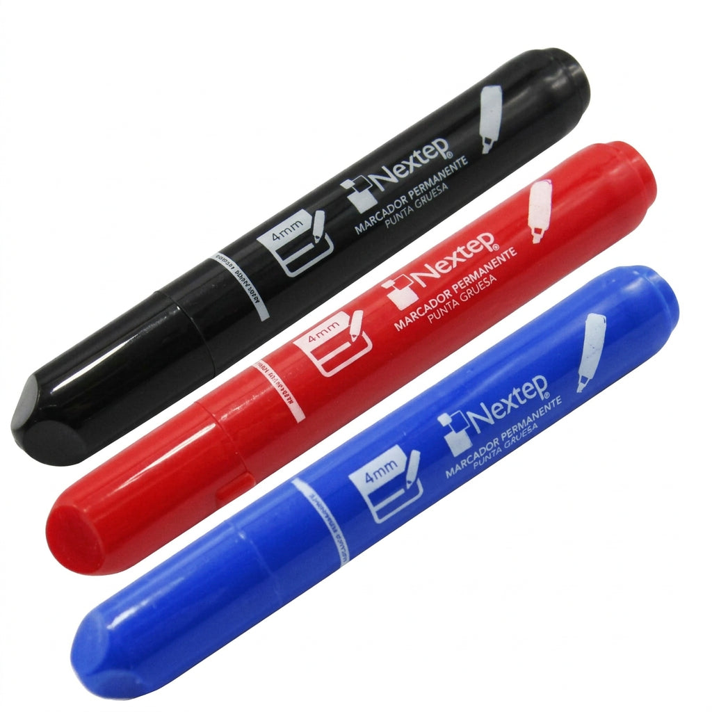 Caja de 12 marcadores permanentes Nextep punta gruesa cincel de 4 mm en colores negro azul y rojo
