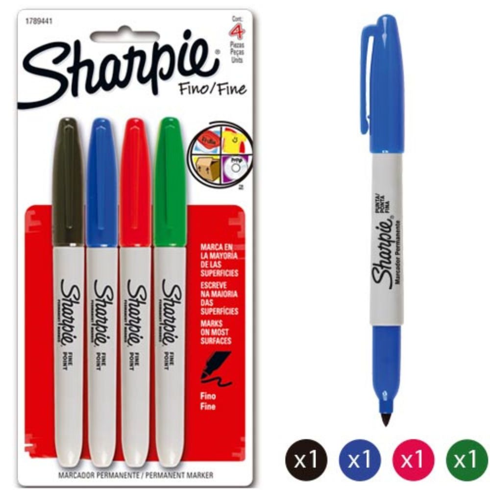 Marcador Sharpie Permanente Punto Fino | Paquete con 4 Colores Básicos