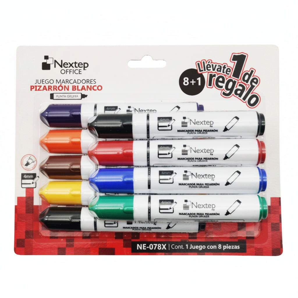 Marcador Para Pizarrón Blanco Nextep 8 Colores Punta Gruesa Cincel 4mm - Colmenero Shop