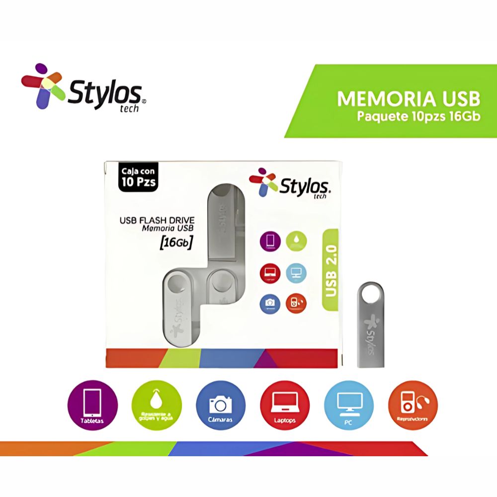 Kit 10 Memorias USB Stylos ST100 | 16GB, Metálicas, Plata