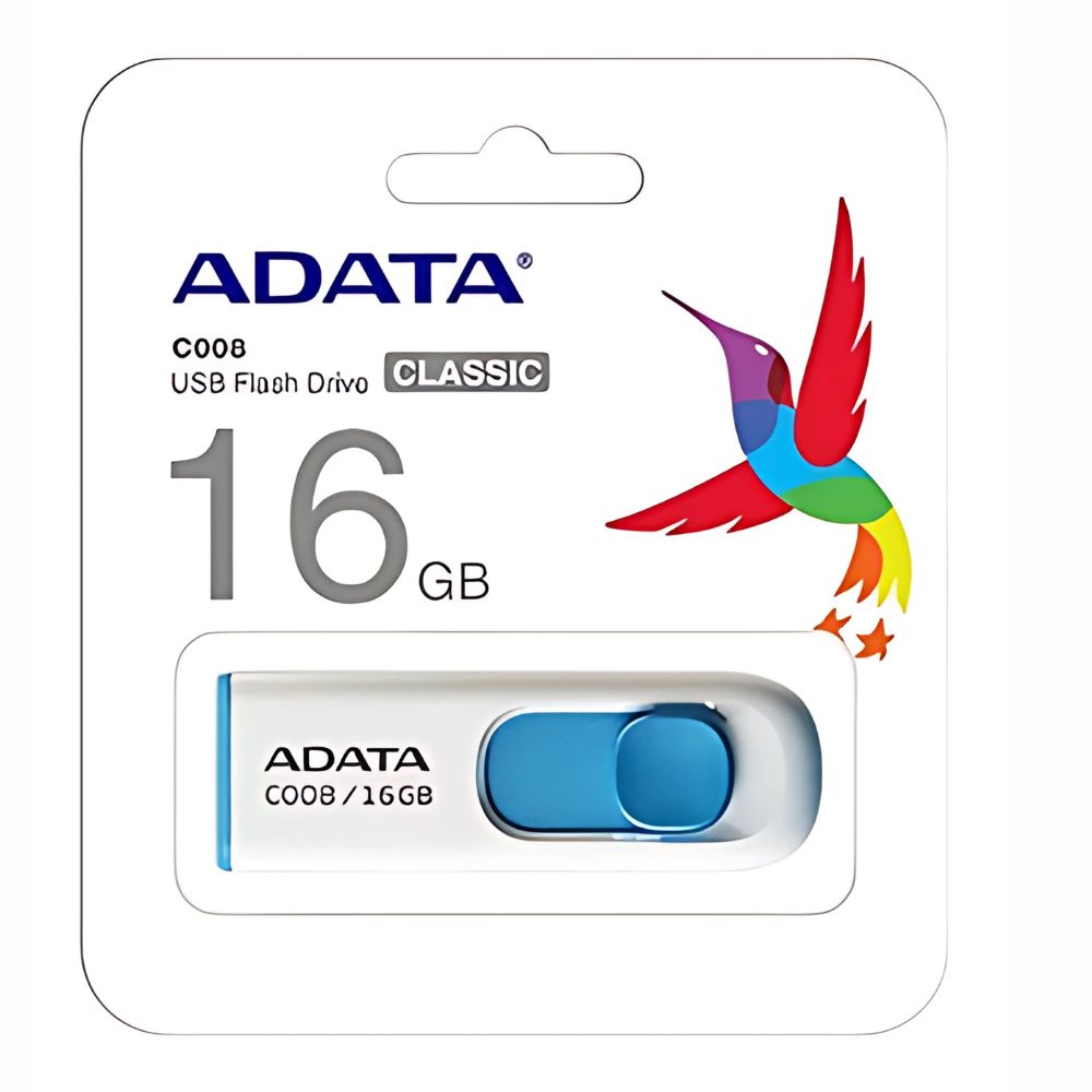 Memoria USB ADATA UV128 de 16GB color blanco y azul vista frontal