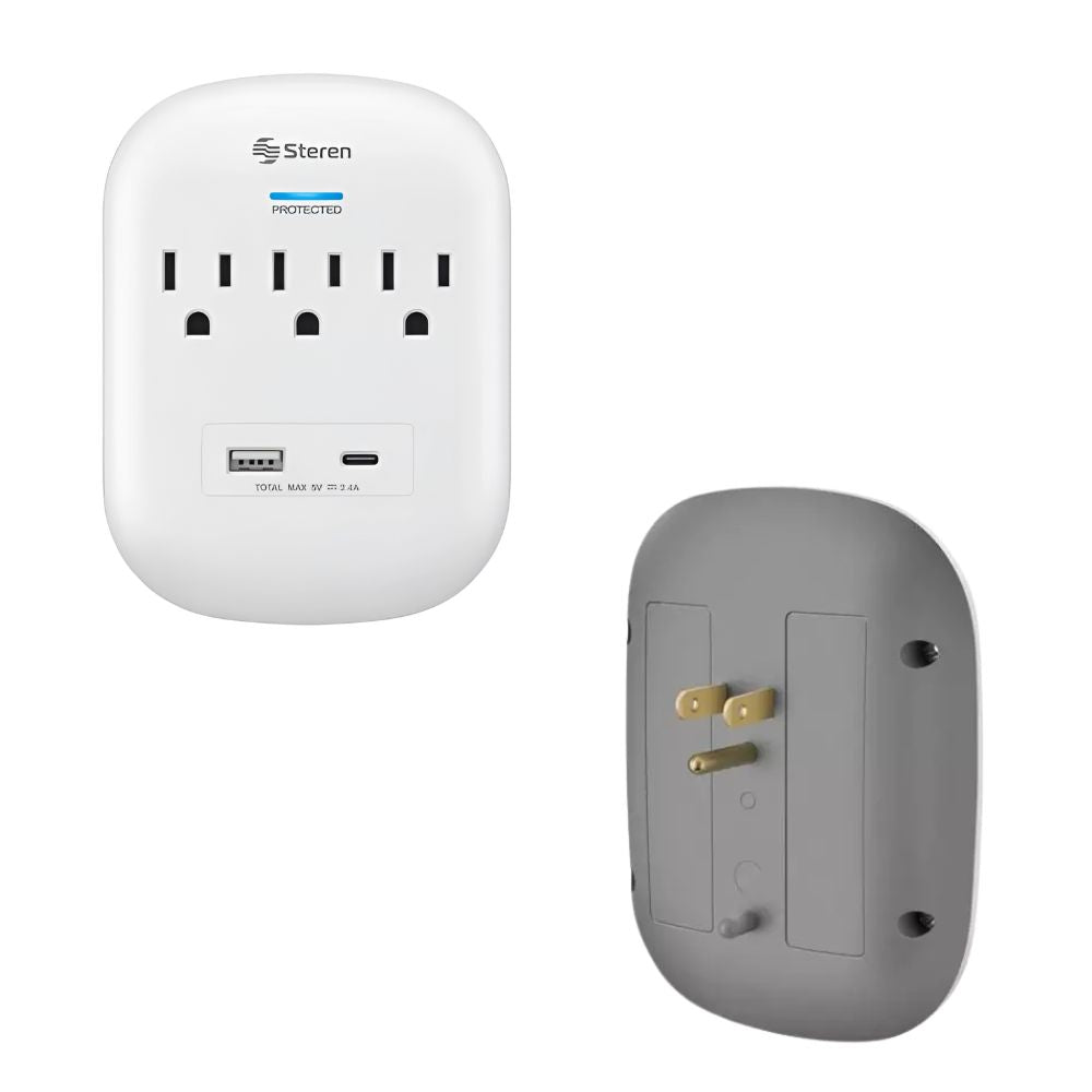 Multicontacto Steren 3 Salidas + USB A/C | Supresor Picos