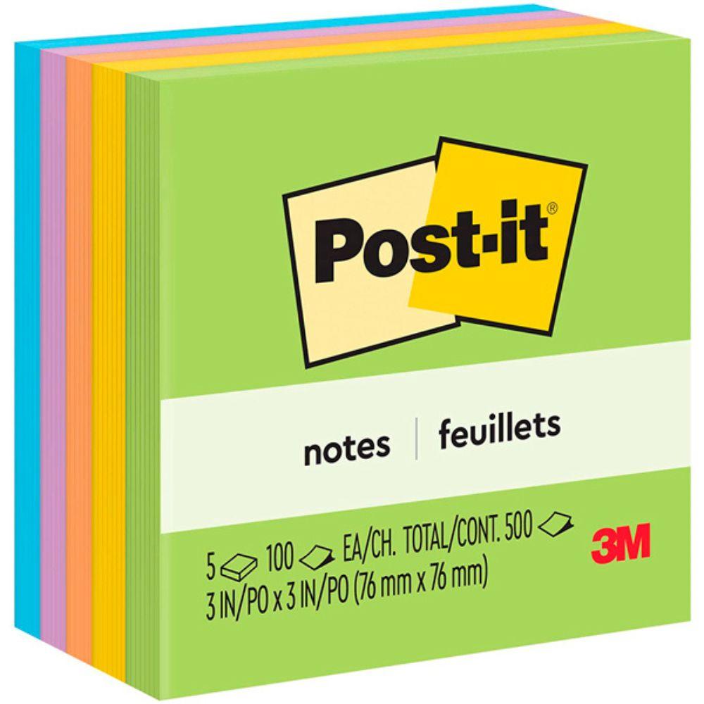 Paquete institucional de notas adhesivas Post-it de 3x3 pulgadas modelo 654-5UC con 5 blocks de 100 hojas cada uno, mostrando la paleta de Colores Ultra de la Colección Jaipur.