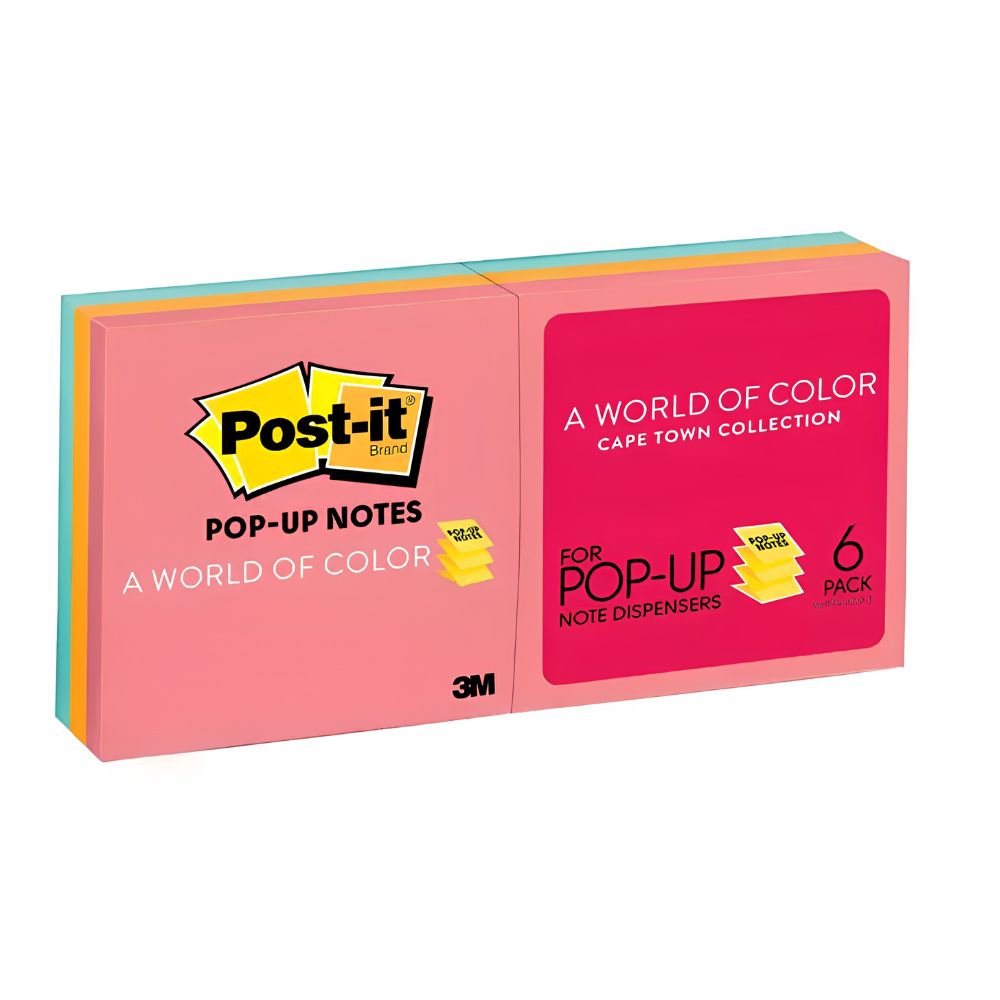 Paquete de 6 blocks de notas adhesivas removibles Post-it Pop-up de 3M en colores neón surtidos de la colección Capetown, tamaño 3x3 pulgadas.