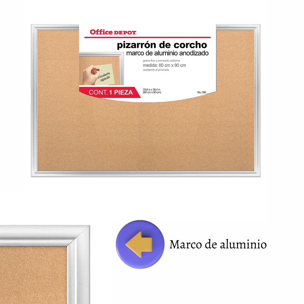Pizarrón de Corcho 60x90 cm | Tablero Office Depot con Marco de Aluminio Anodizado