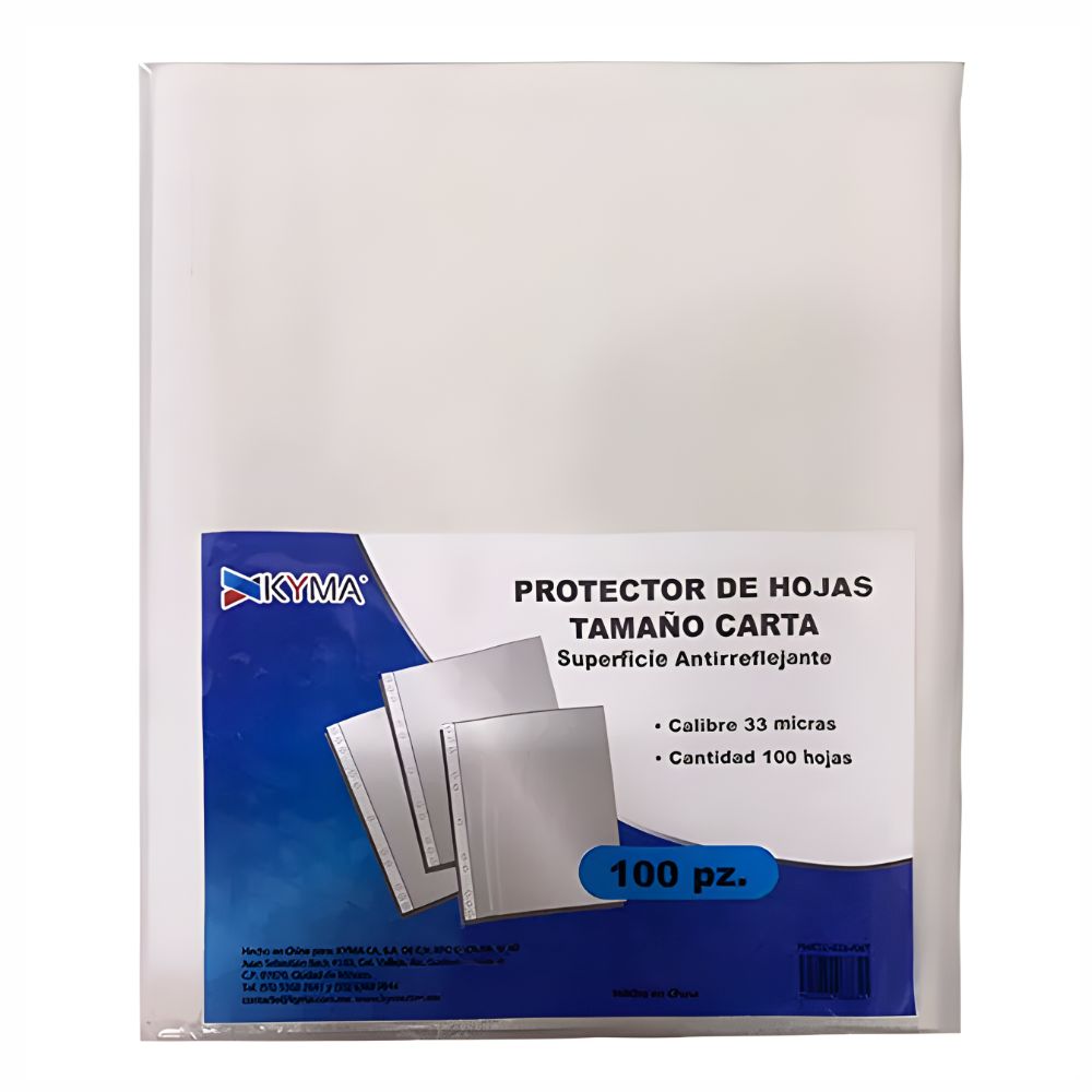 Protectores de Hojas KYMA | Tamaño Carta | Calibre 33 Micras | Antirreflejante | 100 pzas