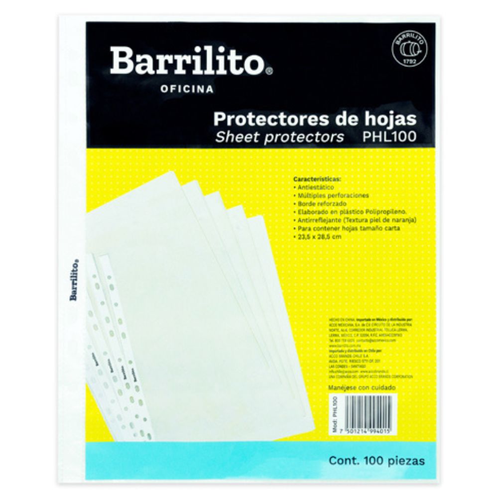 Protector de Hojas Barrilito PHL100 Carta Transparente | Paquete 100 Pzs