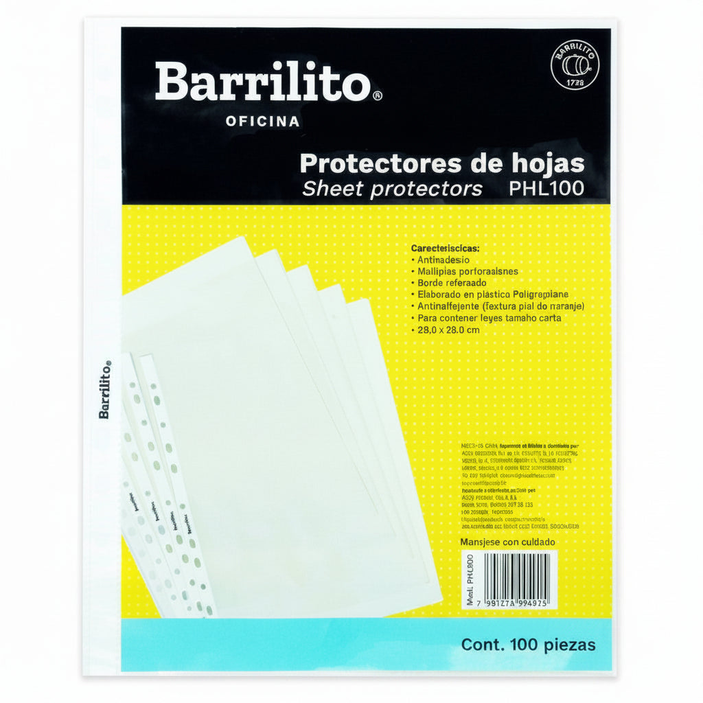 Protector de Hojas Barrilito PHL100 Carta Transparente | Paquete 100 Pzs