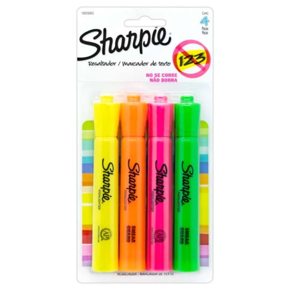 Resaltador Sharpie Punta Cincel | 4 Colores | Amarillo, Naranja, Rosa, Verde