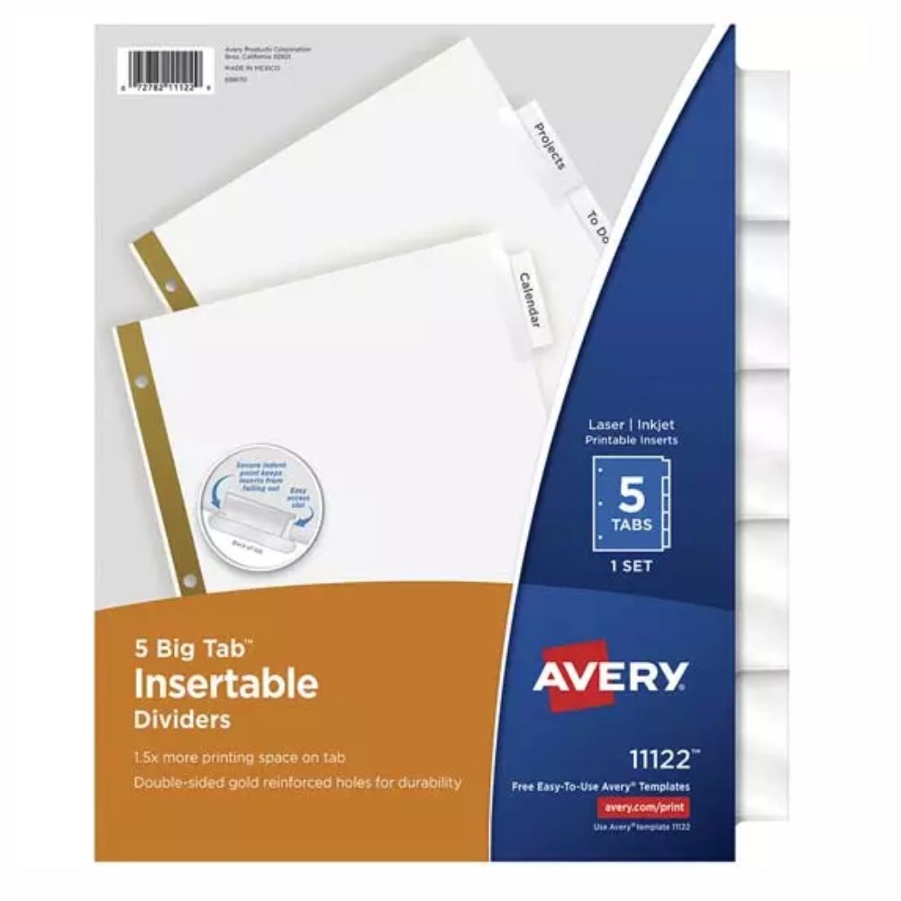 Separador Avery Insertable Laser/Inkjet Tamaño Carta 5 div 11122
