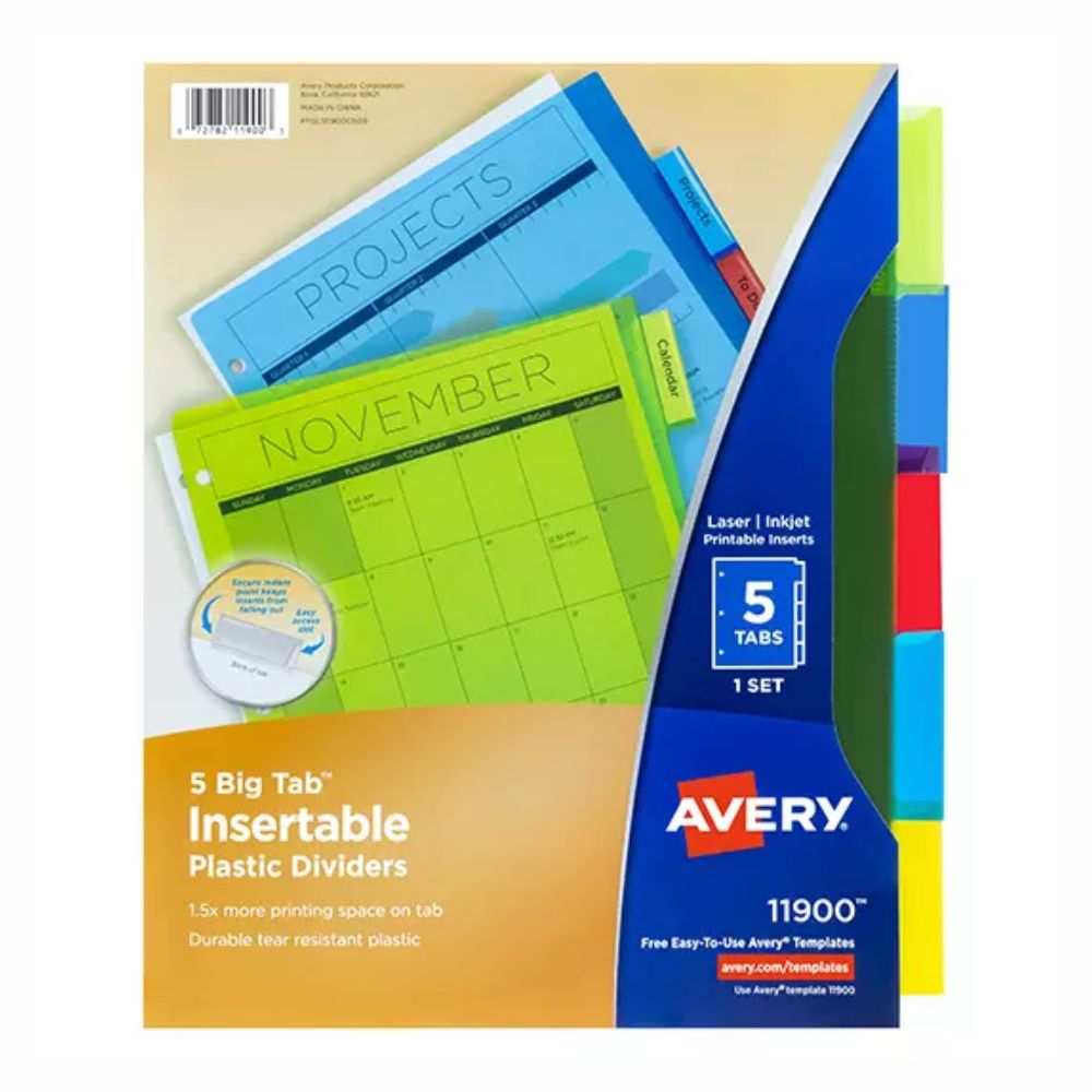 Separador Avery Insertable Laser/Inkjet Tamaño Carta 5 div 11900
