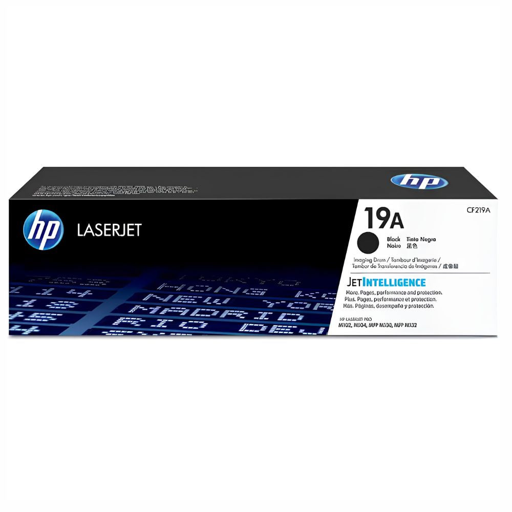 Caja empaque del tambor de creación de imágenes original HP 19A LaserJet (CF219A) con holograma de autenticidad HP y especificaciones técnicas de rendimiento.