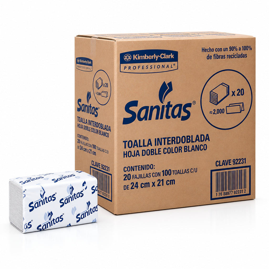 Toalla Interdoblada Sanitas | Caja 20 Paquetes (100 Toallas 2‑Capas) - Colmenero Shop