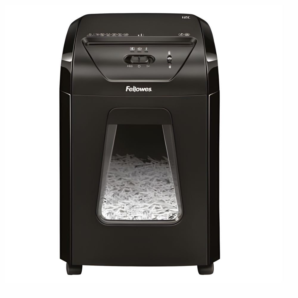 Trituradora Fellowes Powershred 12C negra con ruedas para oficina.