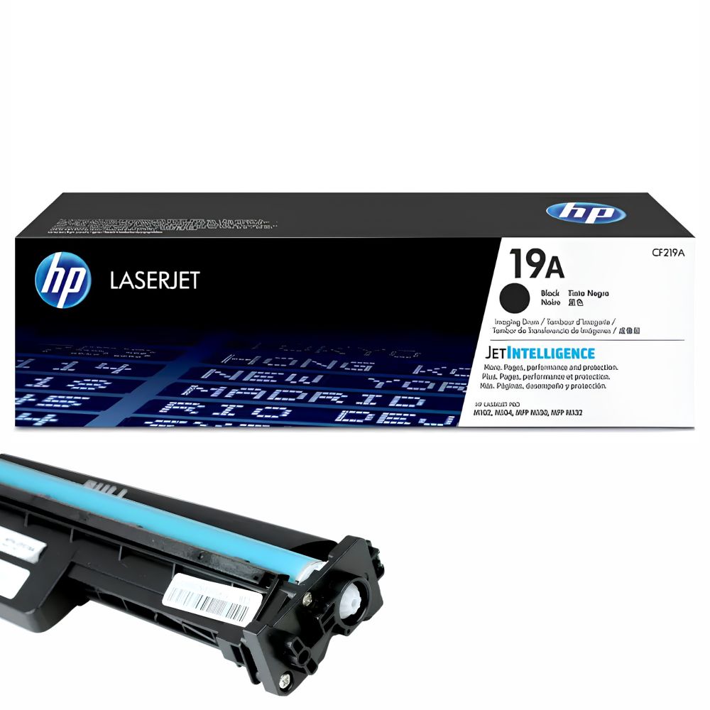 Caja empaque del tambor de creación de imágenes original HP 19A LaserJet (CF219A) con holograma de autenticidad HP y especificaciones técnicas de rendimiento.