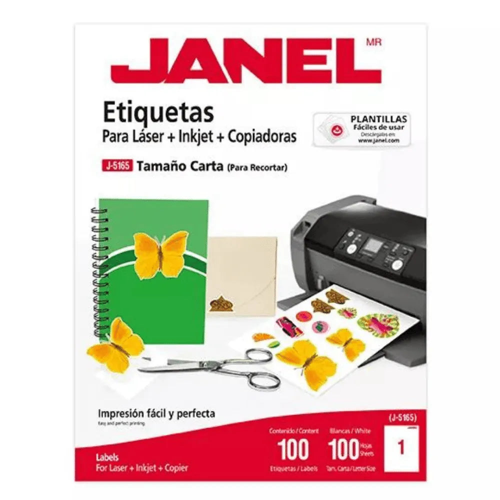 Etiquetas Láser JANEL J-5165 | Adhesivas, Tamaño Carta, 100 Hojas
