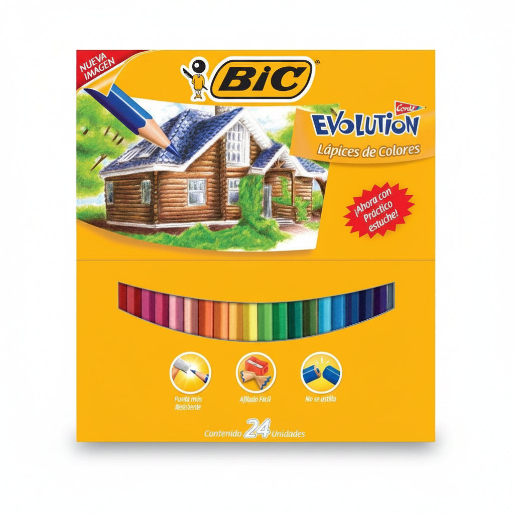 Caja de lápices de colores BIC Evolution de 24 piezas modelo 9324 fabricados de resina sintética sin madera, mostrando la gama completa de tonalidades brillantes y puntas resistentes.