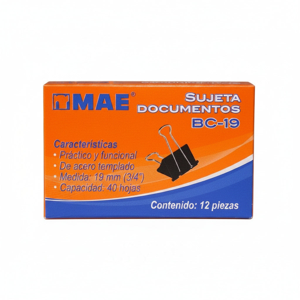Sujetadocumentos MAE BC-19 Chico 19mm 3/4" | Caja con 12 Piezas