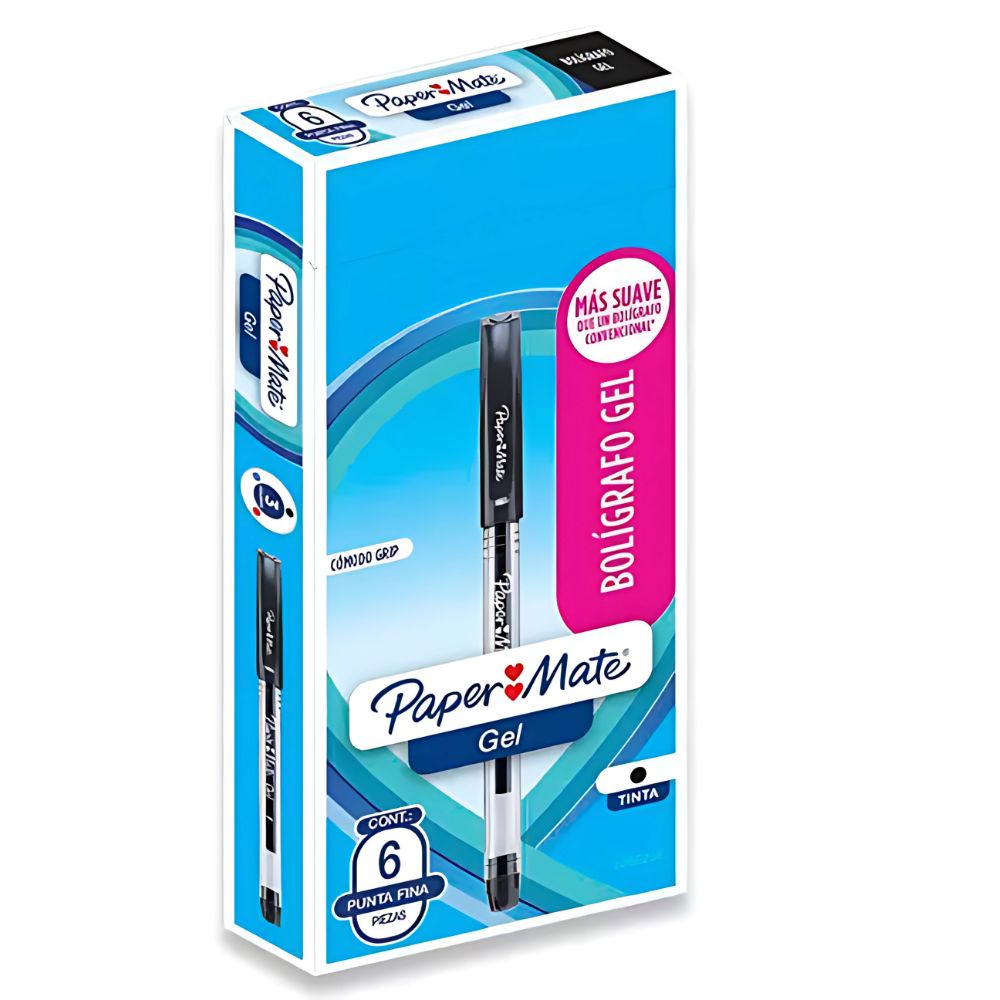 Boligrafo económico gel Paper Mate negro punto fino caja con 6 piezas COLMENERO