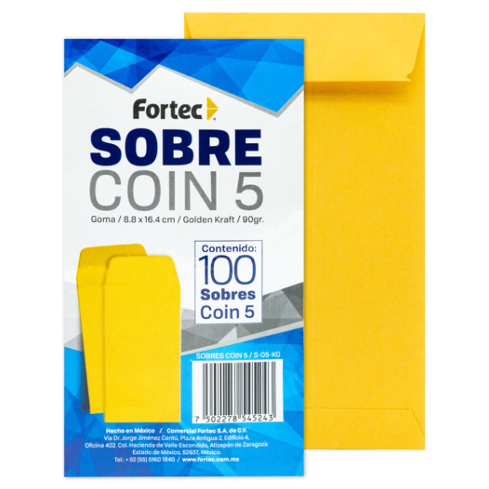 Sobre Coin No. 5 Kraft Engomado Fortec Caja Con 100 Piezas