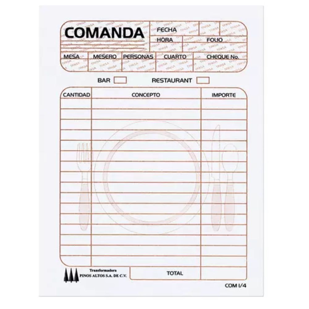 Comanda Pinos Altos 1/4 Carta | Blíster 3 Blocks (150 hojas) | Restaurantes