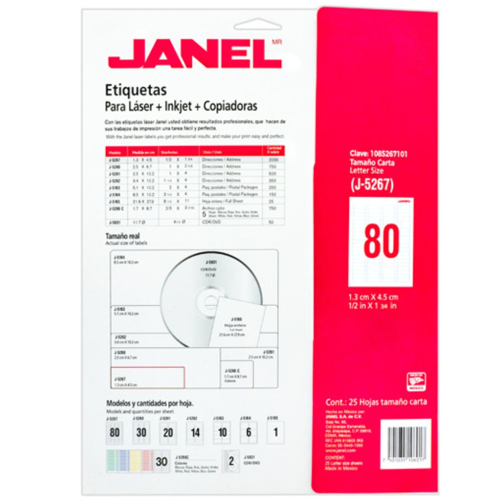 Etiqueta Laser Mod J-5267 Blanca Janel 13x45mm Con 2000 Etiquetas