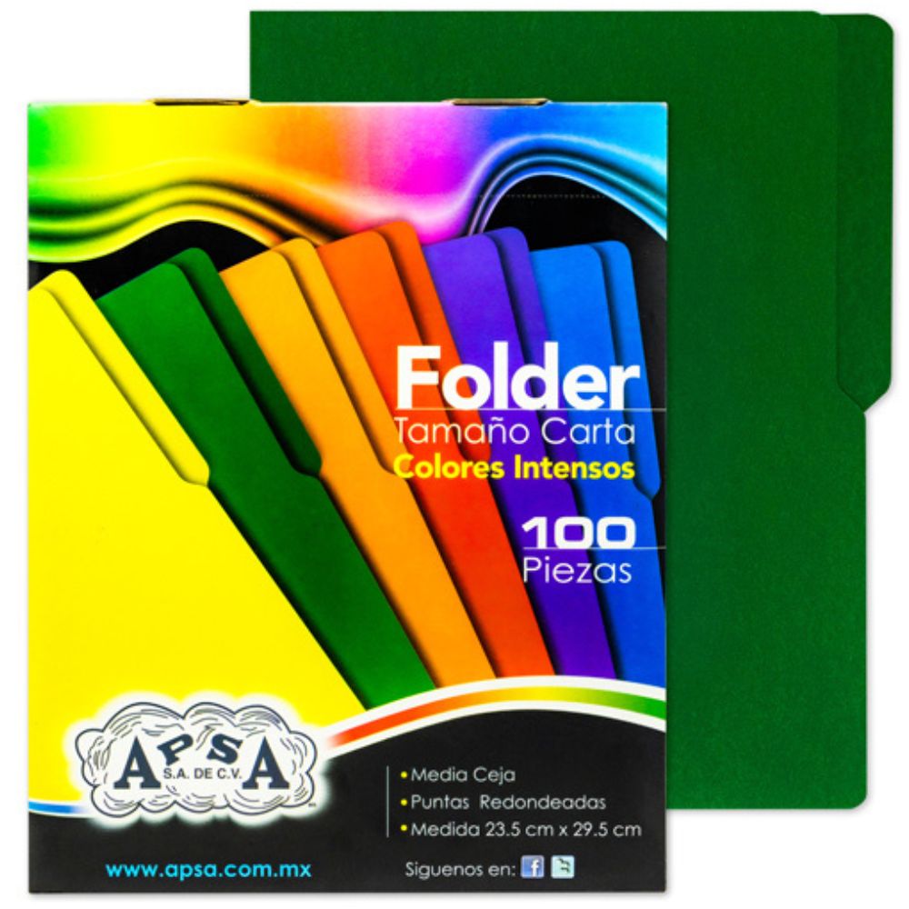 Folder verde intenso APSA tamaño carta , paquete con 100 piezas COLMENERO SHOP